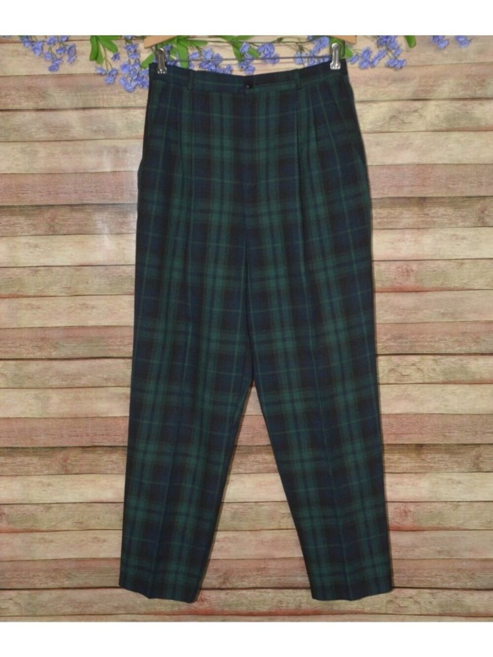 VTG 80's Lauren Woods Size 10 Ladies Green Blue Tartan Plaid Pleated Pants Retro